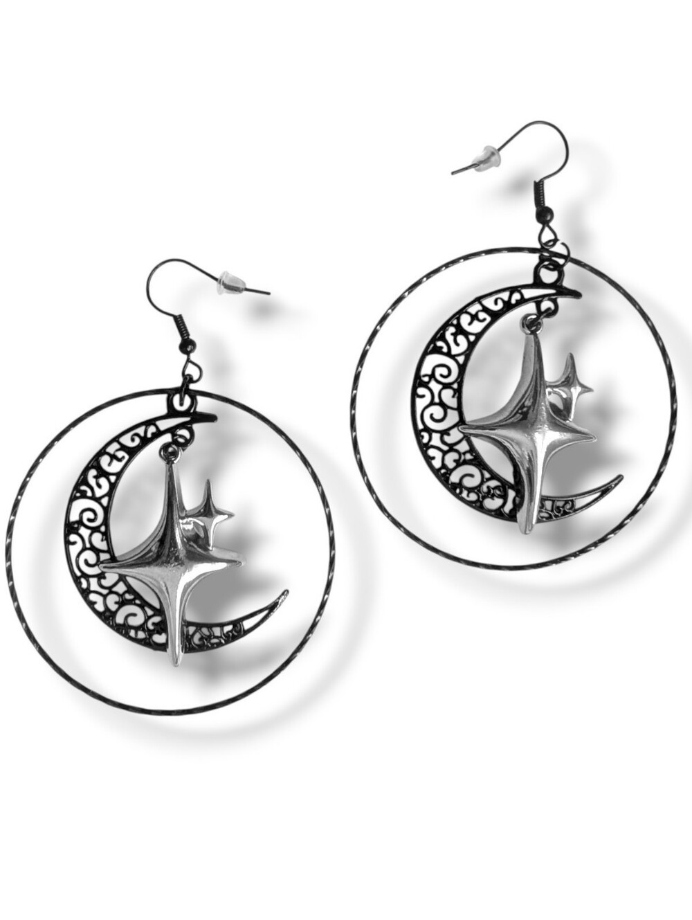 NWT Handmade Black Crescent Moon Silver Stars and Black Hoop Earrings